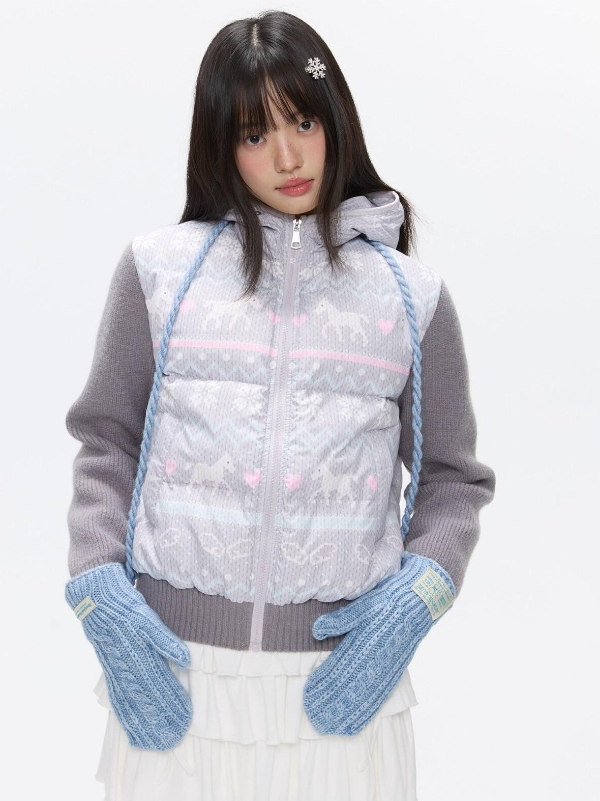 BETWEENAND Polka Dot Print Knit Hooded 90 White Duck Down Women&