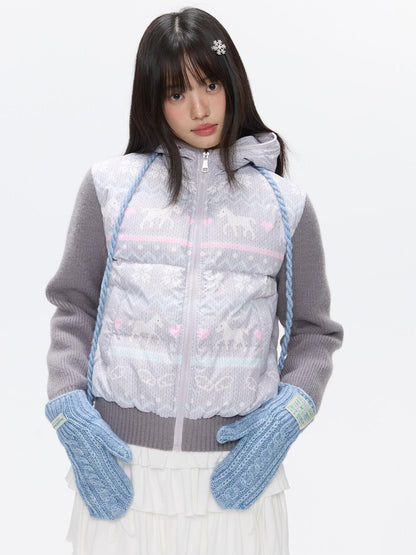 BETWEENAND Polka Dot Print Knit Hooded 90 White Duck Down Women&