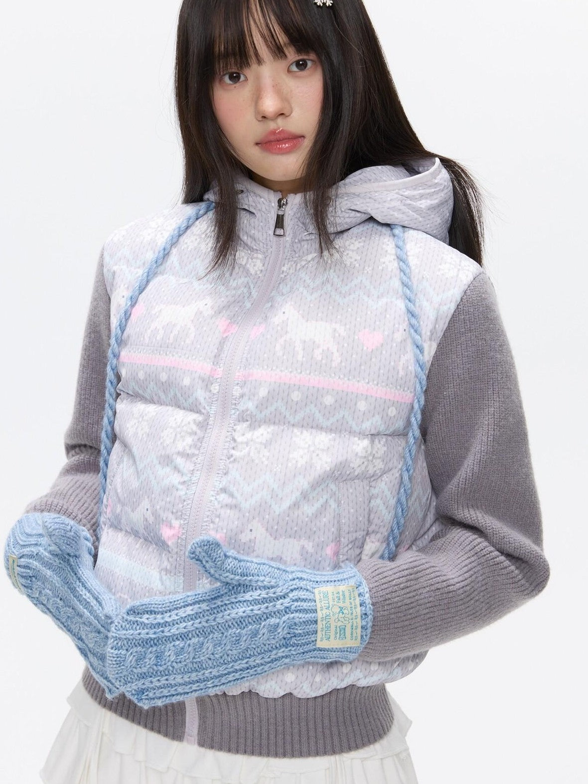 BETWEENAND Polka Dot Print Knit Hooded 90 White Duck Down Women&