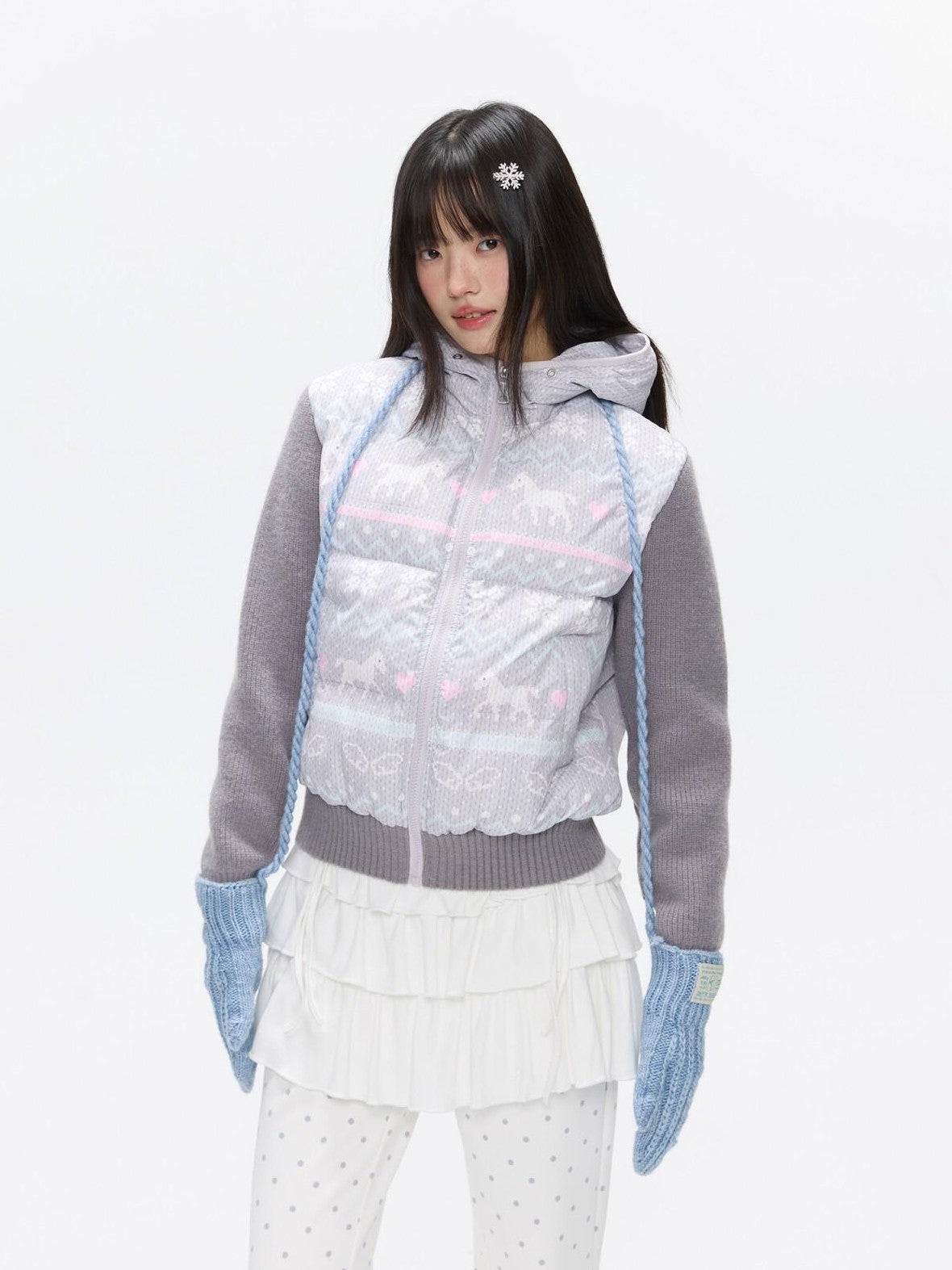 BETWEENAND Polka Dot Print Knit Hooded 90 White Duck Down Women&