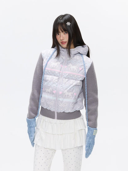 BETWEENAND Polka Dot Print Knit Hooded 90 White Duck Down Women&