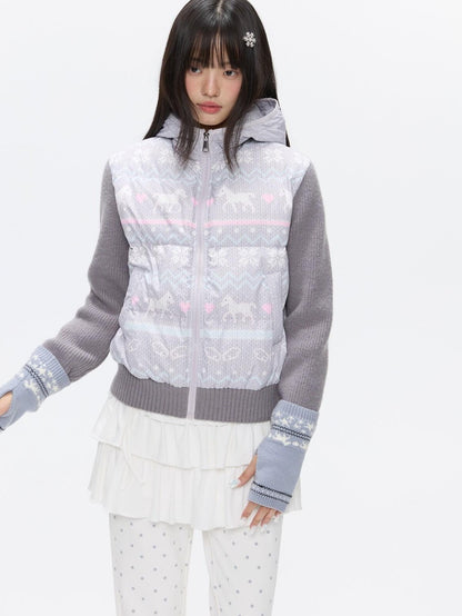 BETWEENAND Polka Dot Print Knit Hooded 90 White Duck Down Women&