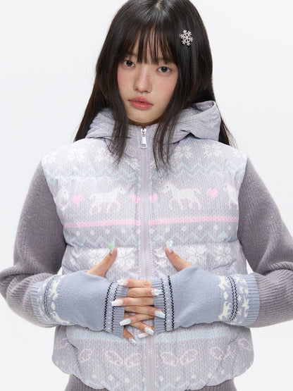 BETWEENAND Polka Dot Print Knit Hooded 90 White Duck Down Women&