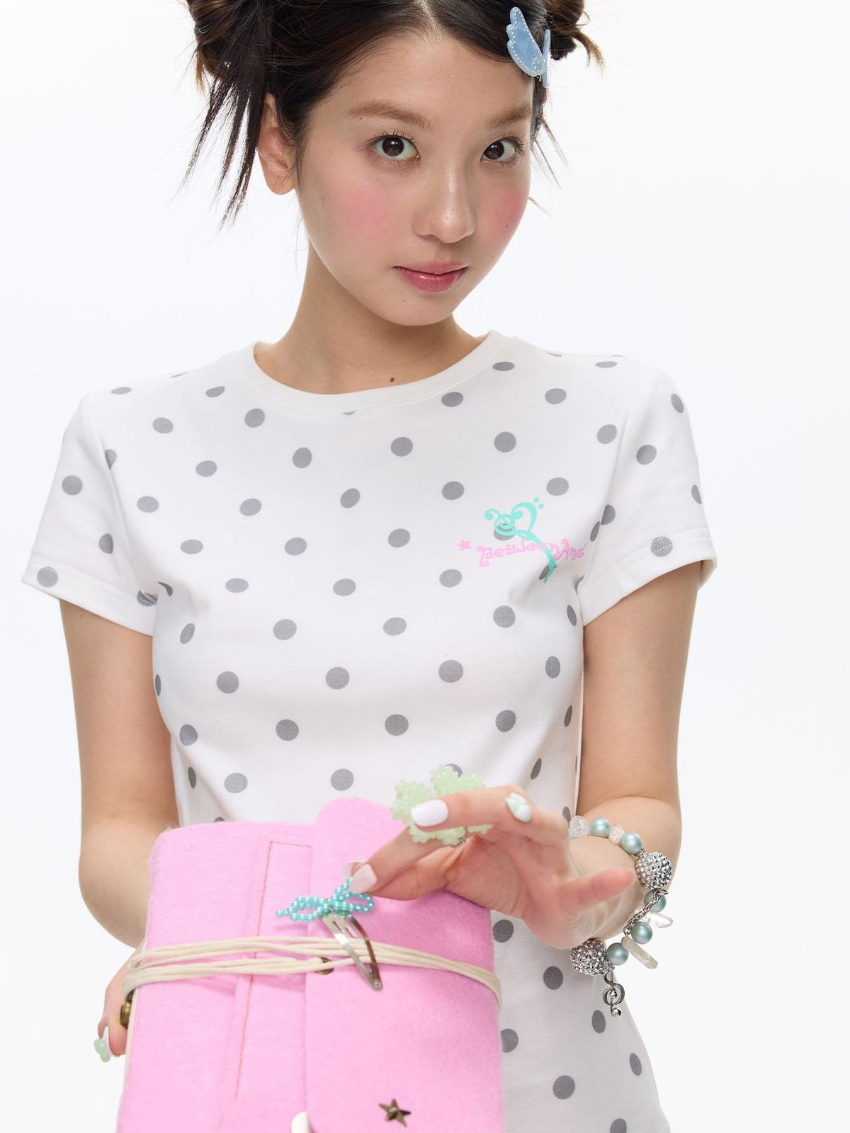 BETWEENAND Polka Dot Striped Print Short Sleeve Round Neck Women&