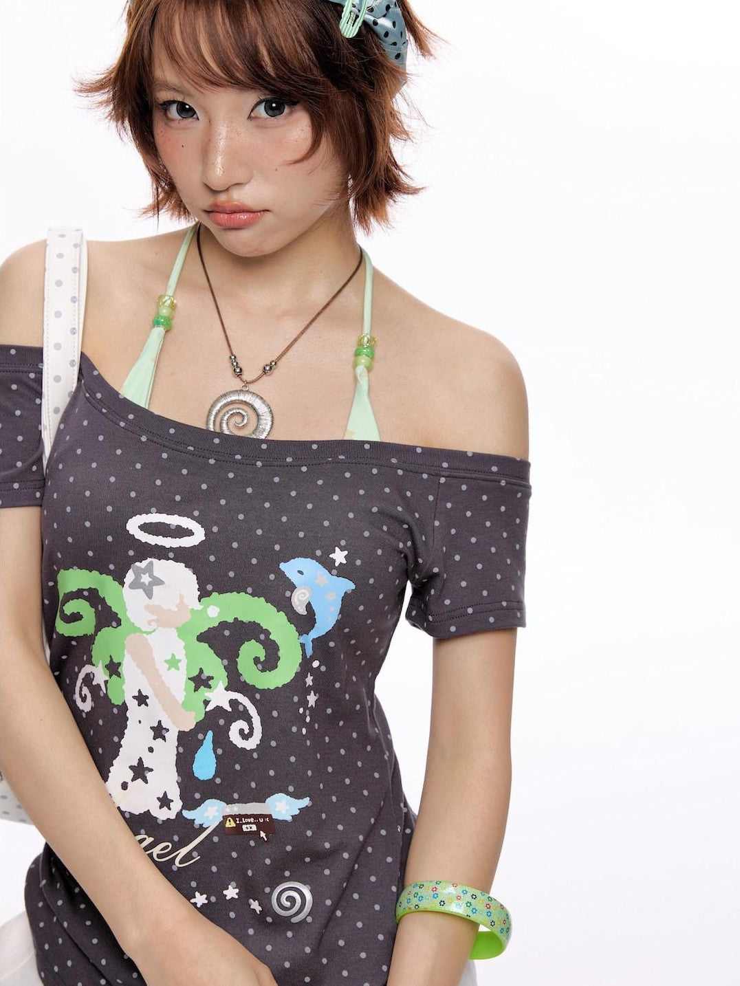 BETWEENAND Polka Dot Wing Tie Neck Women&