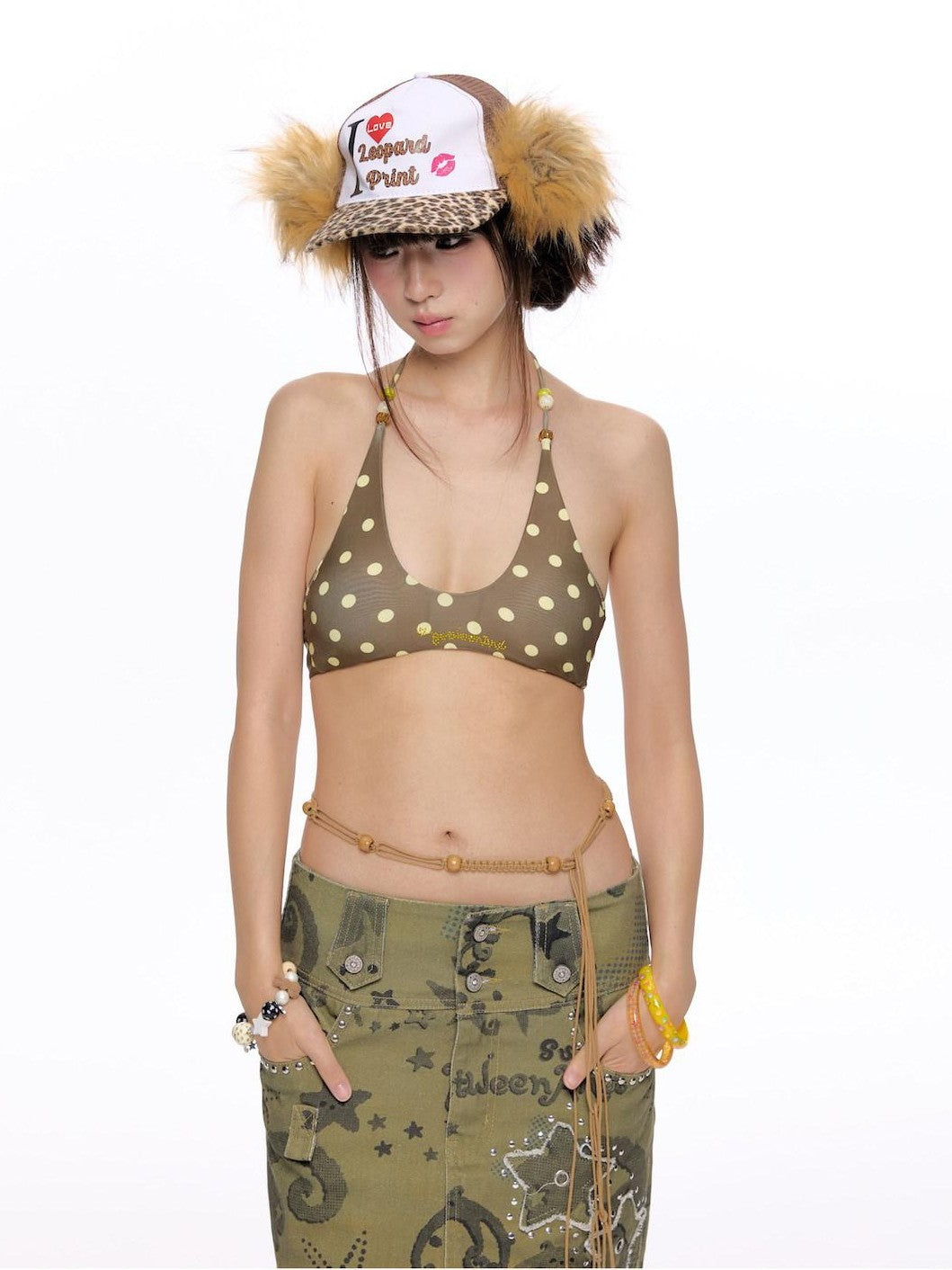BETWEENAND Polka Dot Wing Tie Neck Women&