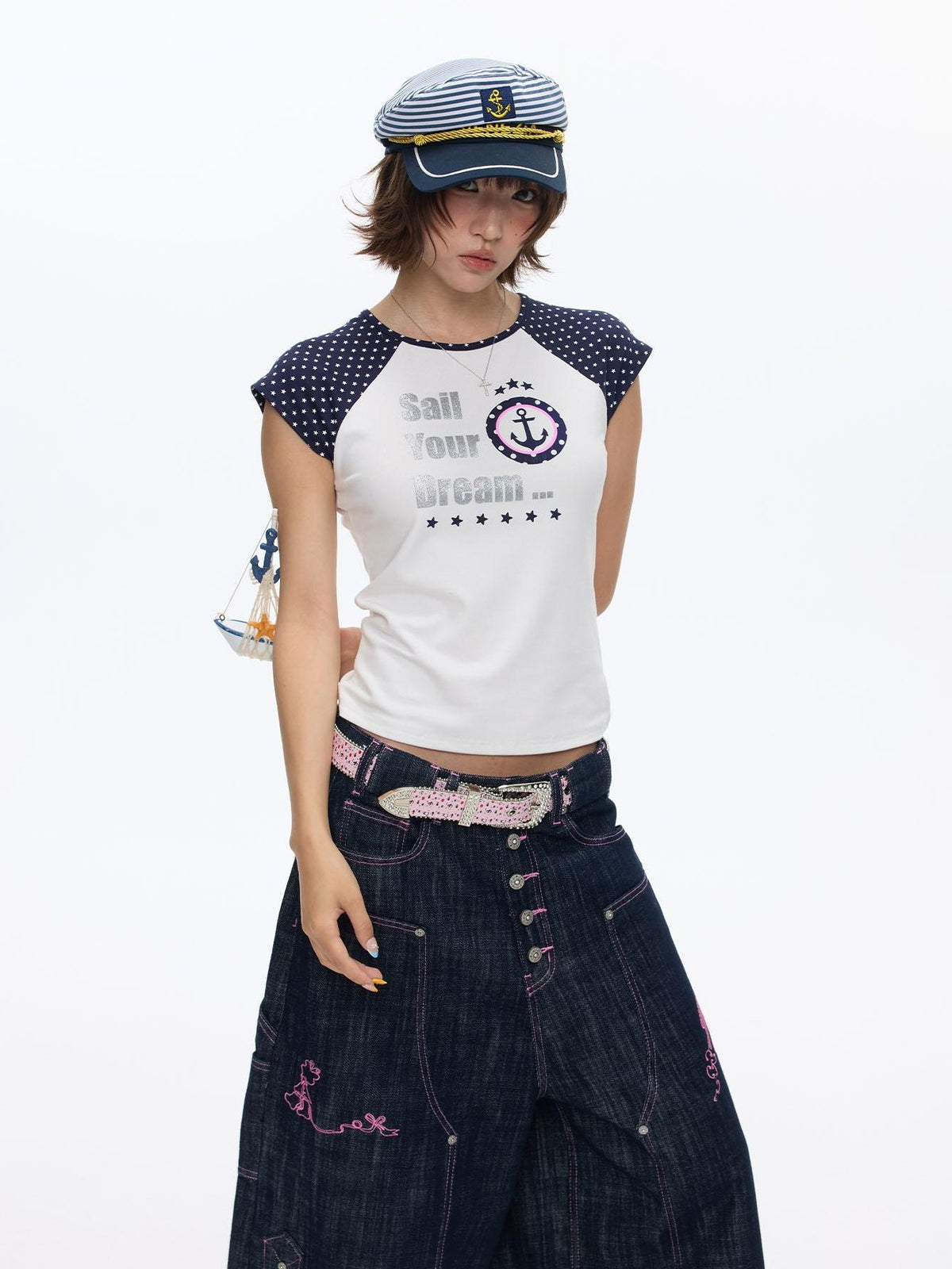 BETWEENAND Print Raglan Color Block Short Sleeve Women&