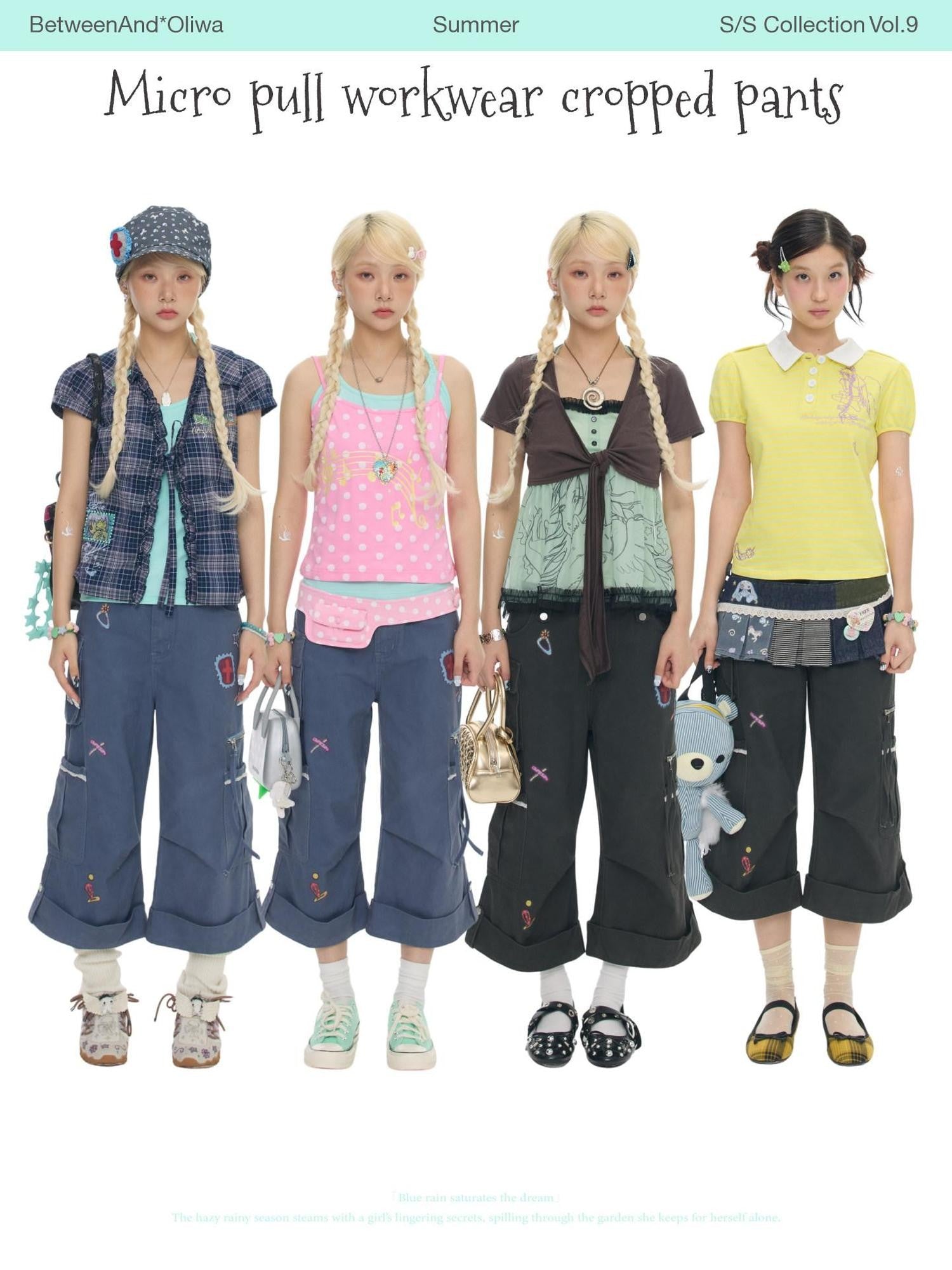 BETWEENAND Printed Micro Flare Multi Pocket Low Waist Cargo Women&