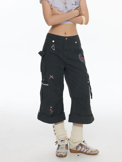BETWEENAND Printed Micro Flare Multi Pocket Low Waist Cargo Women&