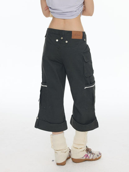 BETWEENAND Printed Micro Flare Multi Pocket Low Waist Cargo Women&