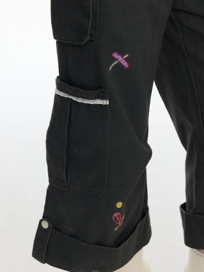 BETWEENAND Printed Micro Flare Multi Pocket Low Waist Cargo Women&