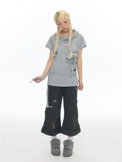 BETWEENAND Printed Micro Flare Multi Pocket Low Waist Cargo Women&