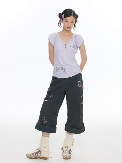 BETWEENAND Printed Micro Flare Multi Pocket Low Waist Cargo Women&