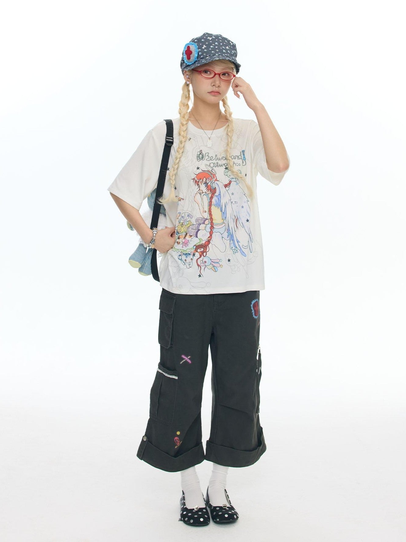 BETWEENAND Printed Micro Flare Multi Pocket Low Waist Cargo Women&