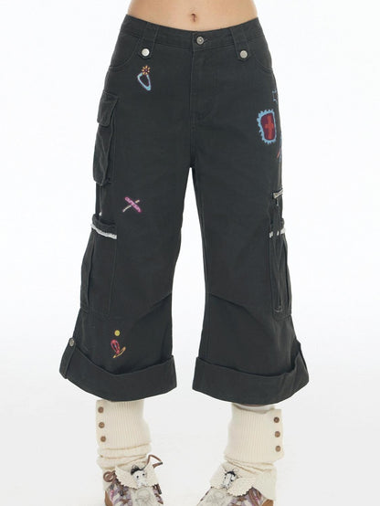 BETWEENAND Printed Micro Flare Multi Pocket Low Waist Cargo Women&