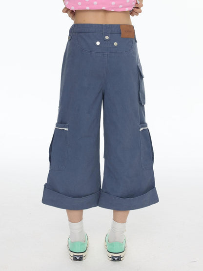 BETWEENAND Printed Micro Flare Multi Pocket Low Waist Cargo Women&