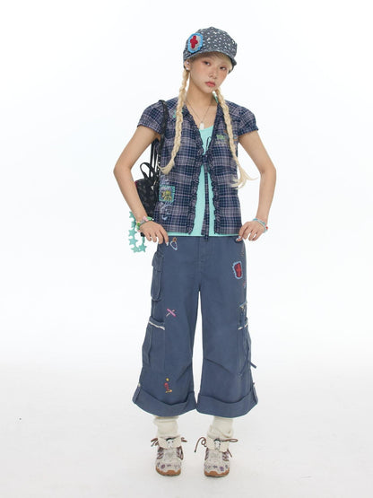 BETWEENAND Printed Micro Flare Multi Pocket Low Waist Cargo Women&
