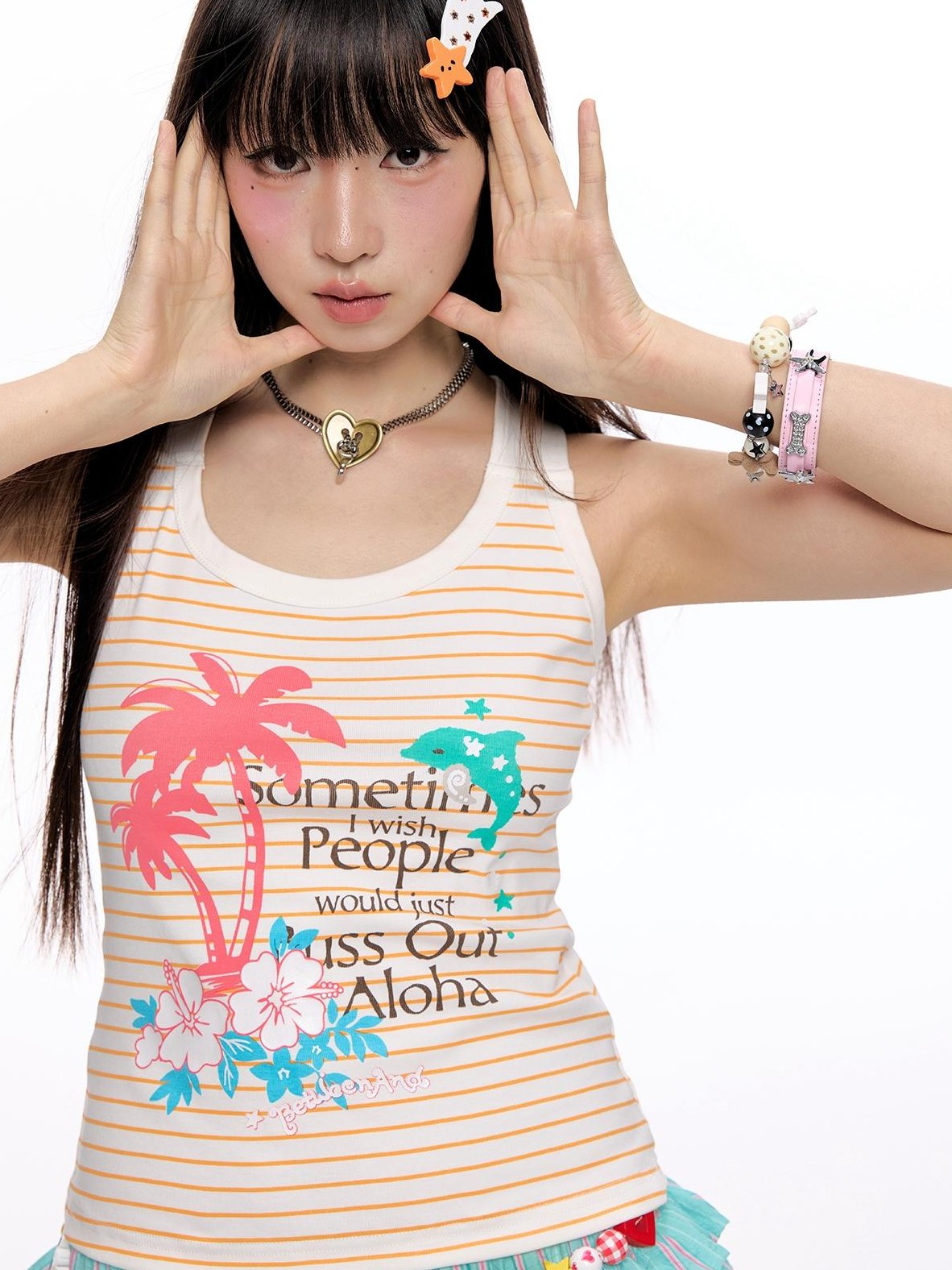 BETWEENAND Printed Palm Tree Striped Slim Fit Women&