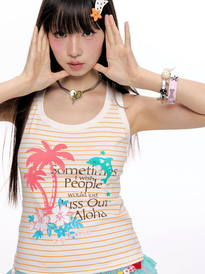 BETWEENAND Printed Palm Tree Striped Slim Fit Women&