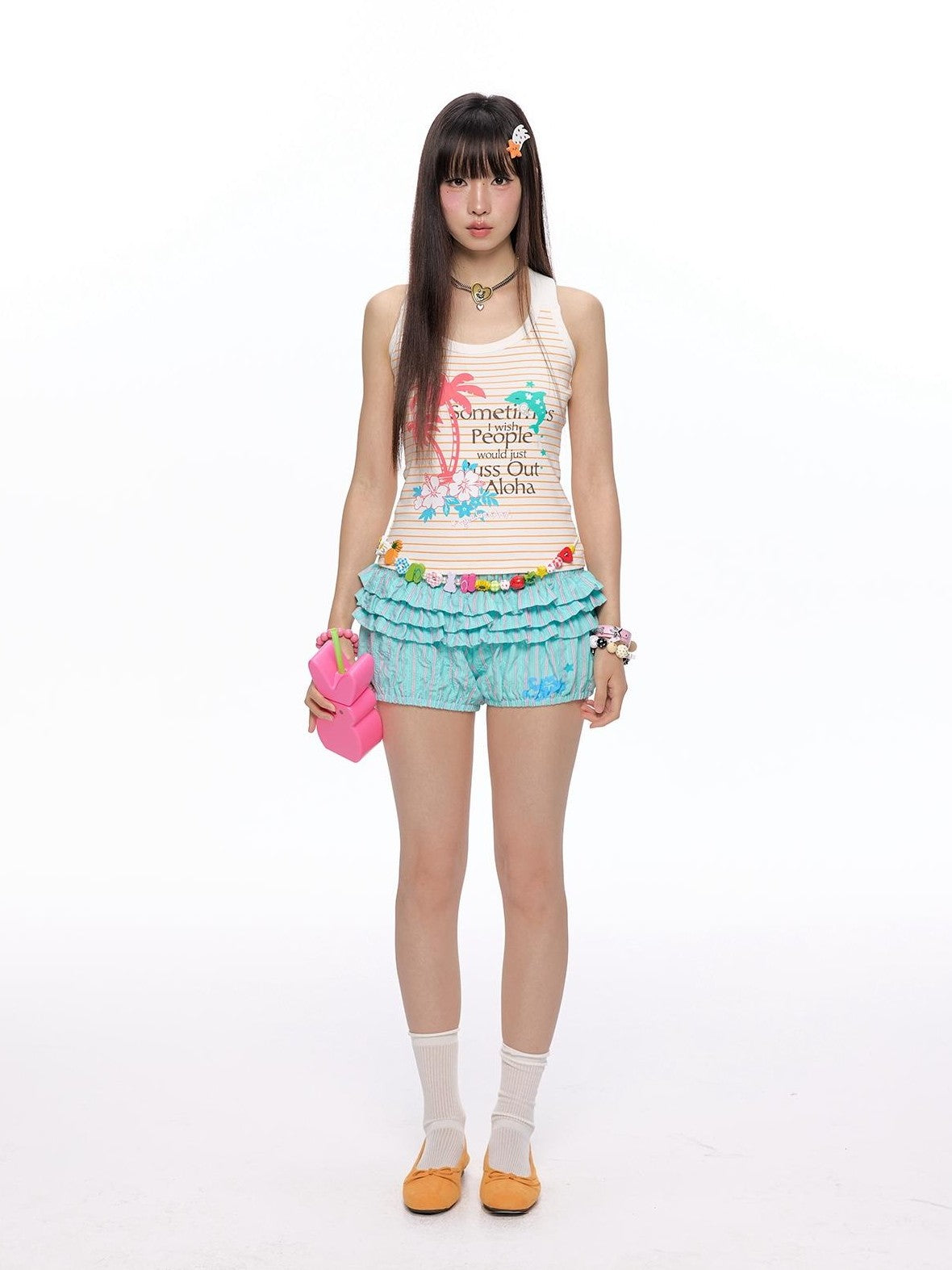 BETWEENAND Printed Palm Tree Striped Slim Fit Women&
