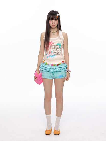 BETWEENAND Printed Palm Tree Striped Slim Fit Women&