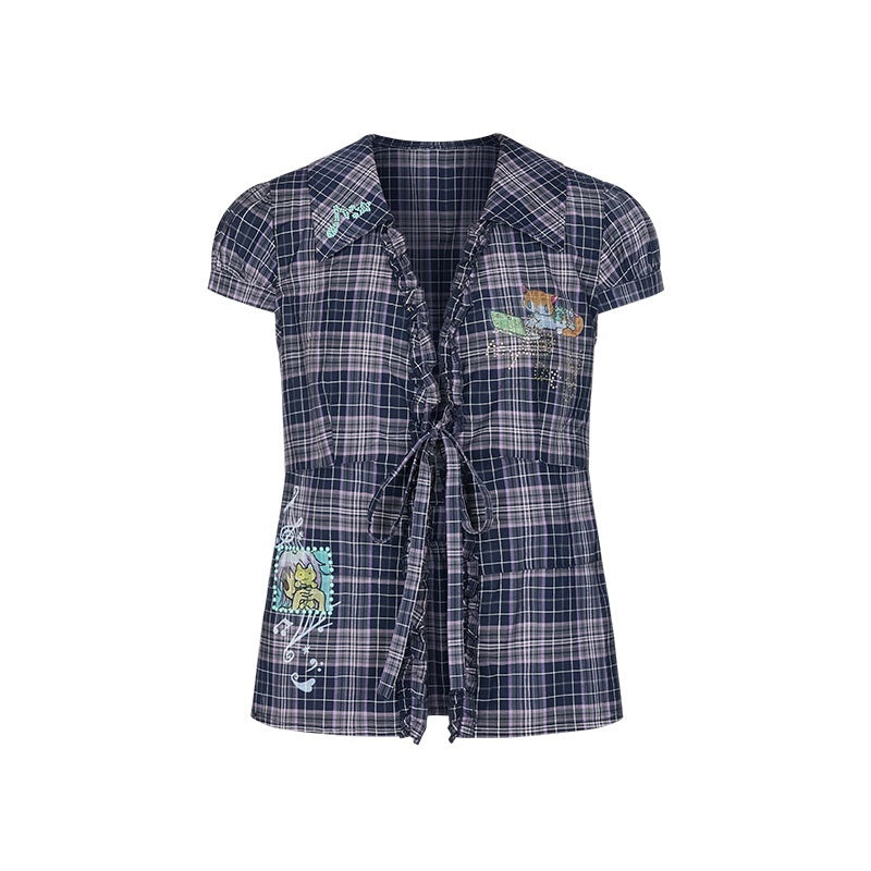 BETWEENAND_Purple_Plaid_Rhinestone_Tie_Short_Sleeve_Women&