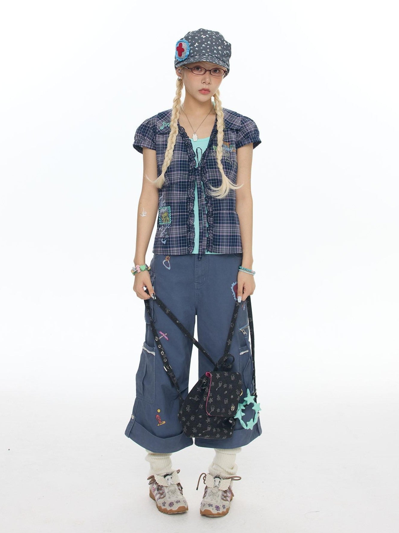 BETWEENAND Purple Plaid Rhinestone Tie Short Sleeve Women&