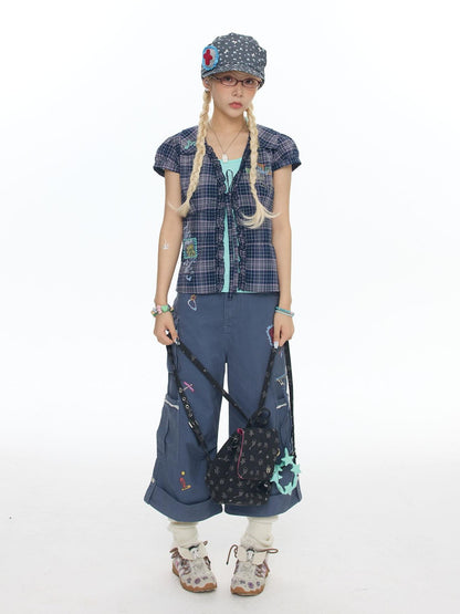 BETWEENAND Purple Plaid Rhinestone Tie Short Sleeve Women&