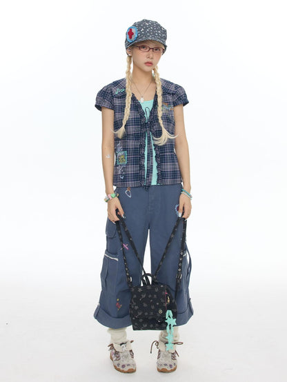 BETWEENAND Purple Plaid Rhinestone Tie Short Sleeve Women&