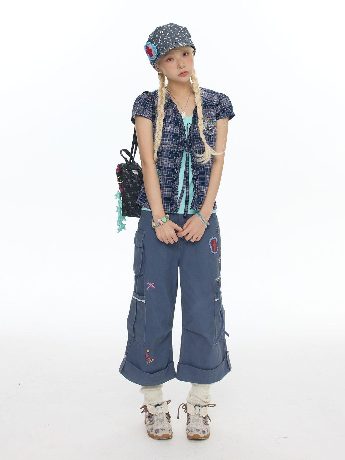 BETWEENAND Purple Plaid Rhinestone Tie Short Sleeve Women&