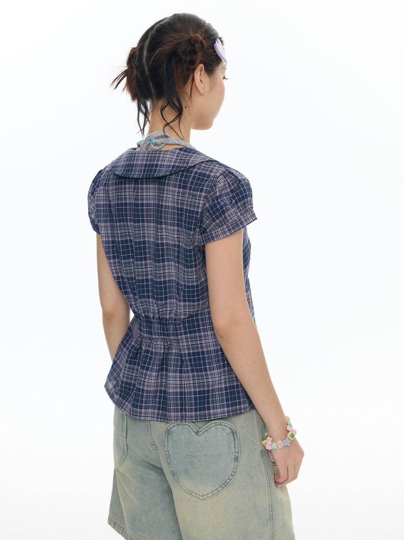 BETWEENAND Purple Plaid Rhinestone Tie Short Sleeve Women&