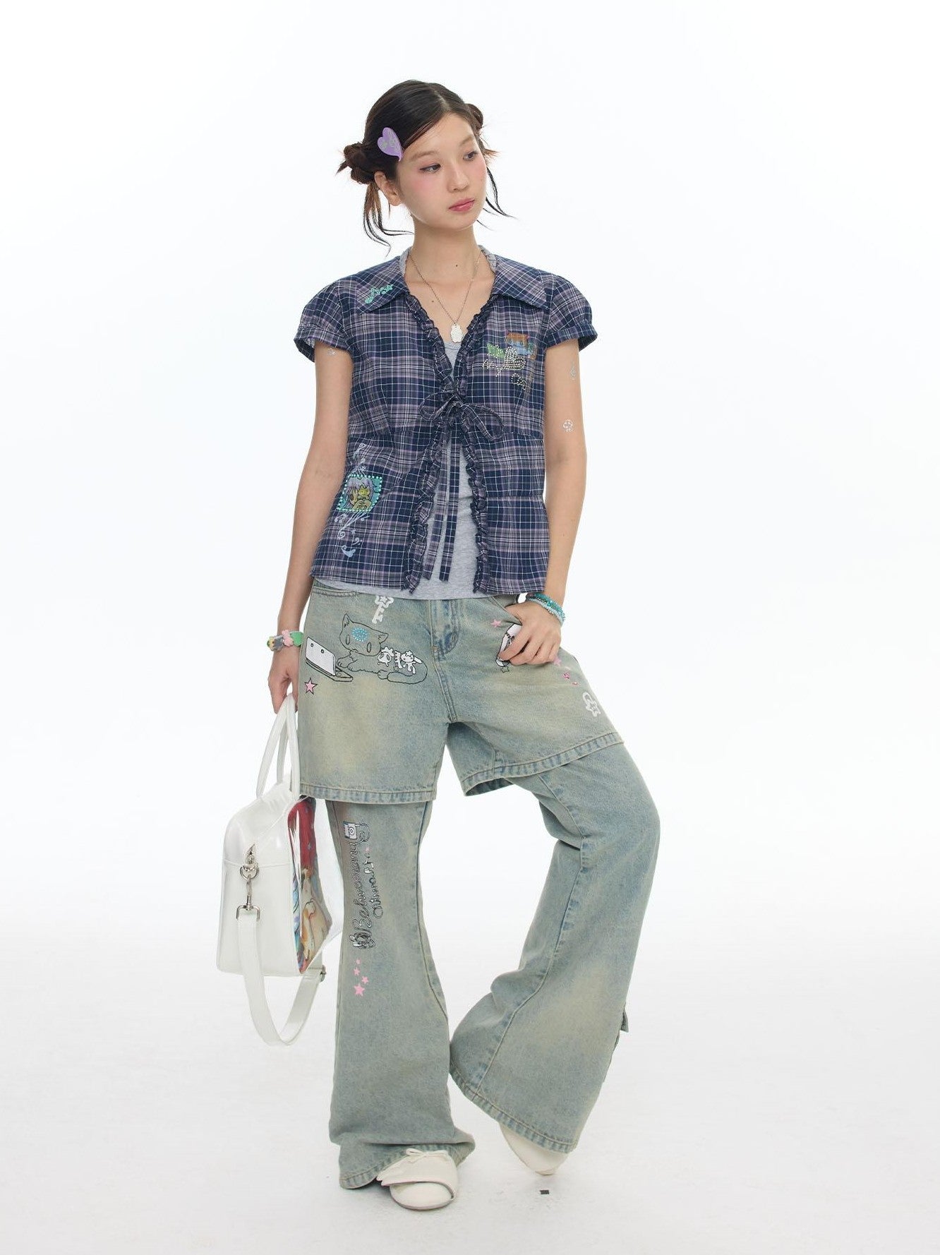 BETWEENAND Purple Plaid Rhinestone Tie Short Sleeve Women&