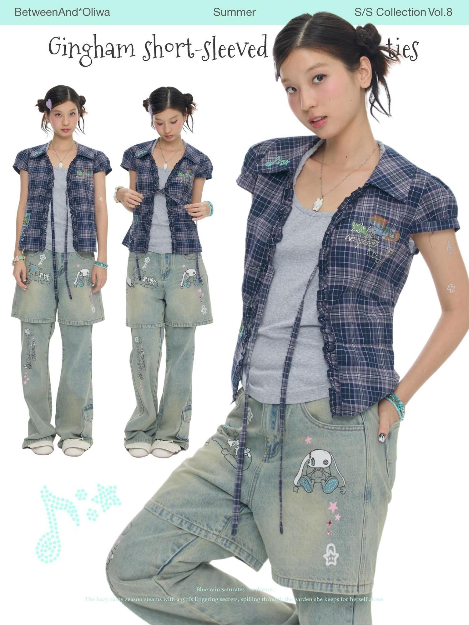 BETWEENAND Purple Plaid Rhinestone Tie Short Sleeve Women&