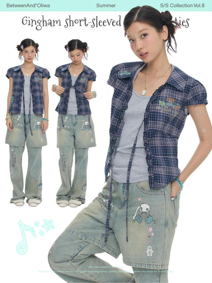 BETWEENAND Purple Plaid Rhinestone Tie Short Sleeve Women&
