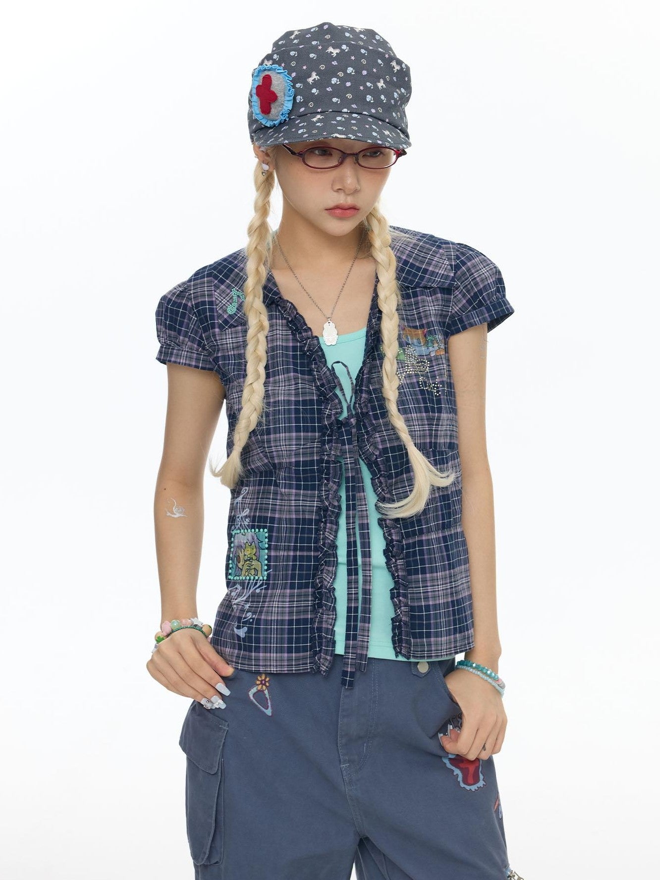 BETWEENAND Purple Plaid Rhinestone Tie Short Sleeve Women&