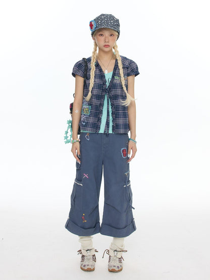 BETWEENAND Purple Plaid Rhinestone Tie Short Sleeve Women&