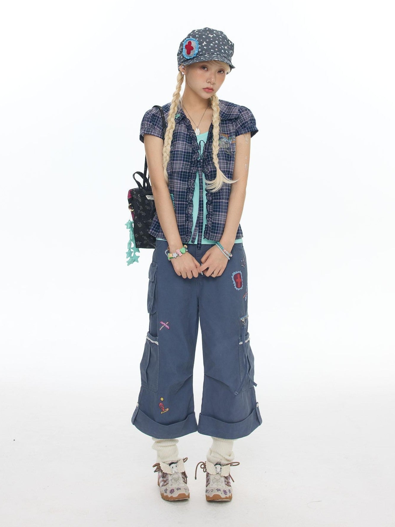 BETWEENAND Purple Plaid Rhinestone Tie Short Sleeve Women&