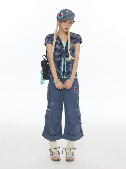 BETWEENAND Purple Plaid Rhinestone Tie Short Sleeve Women&