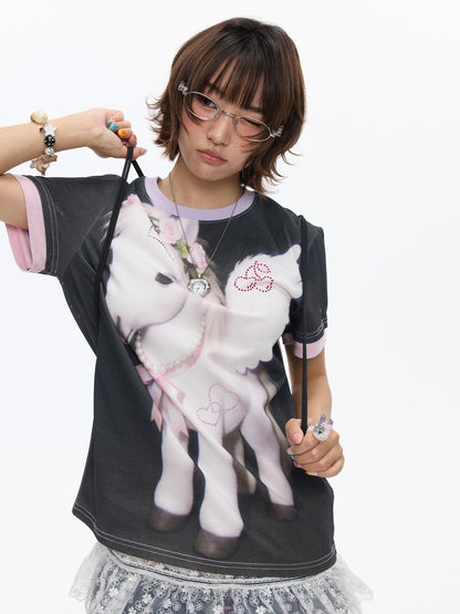 BETWEENAND Purple Pony Print Patchwork Women&