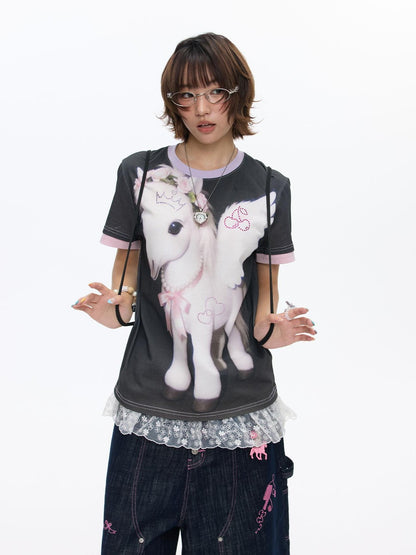 BETWEENAND Purple Pony Print Patchwork Women&