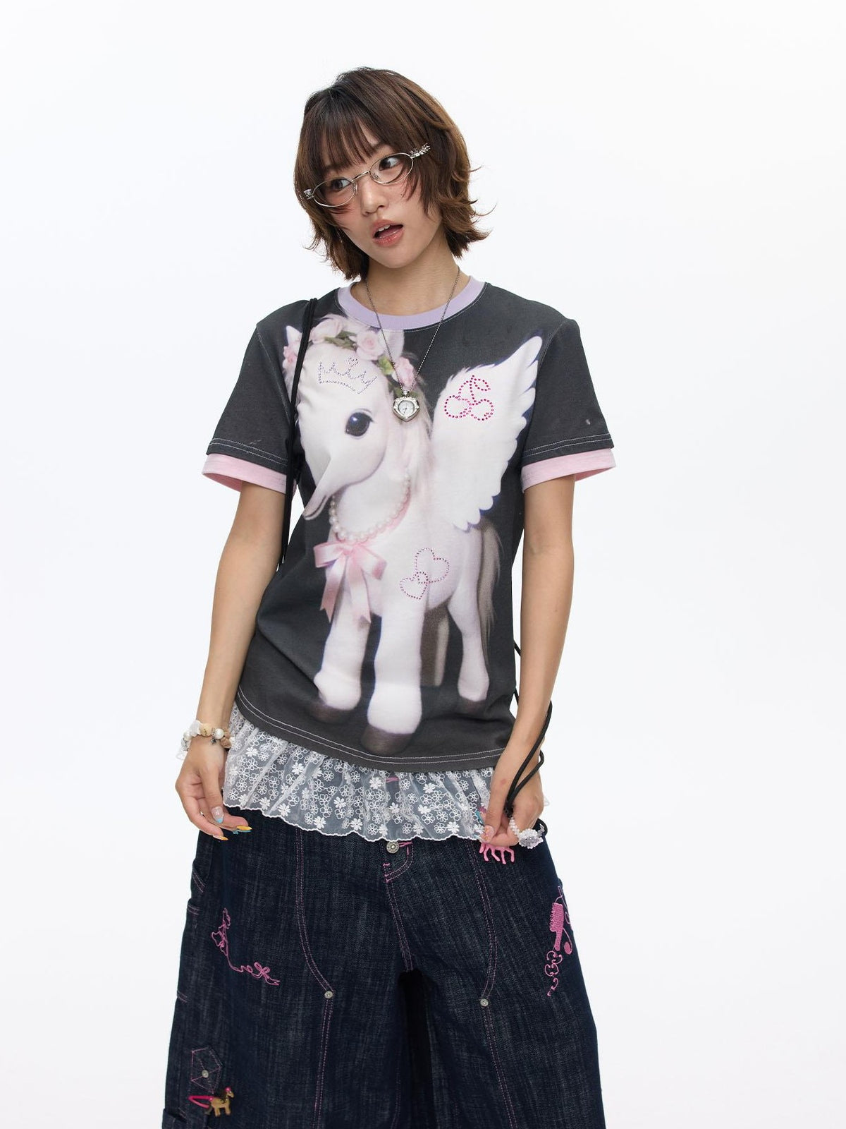 BETWEENAND Purple Pony Print Patchwork Women&