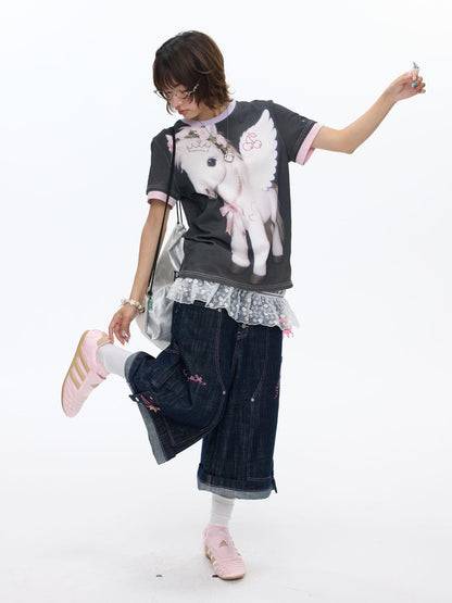 BETWEENAND Purple Pony Print Patchwork Women&