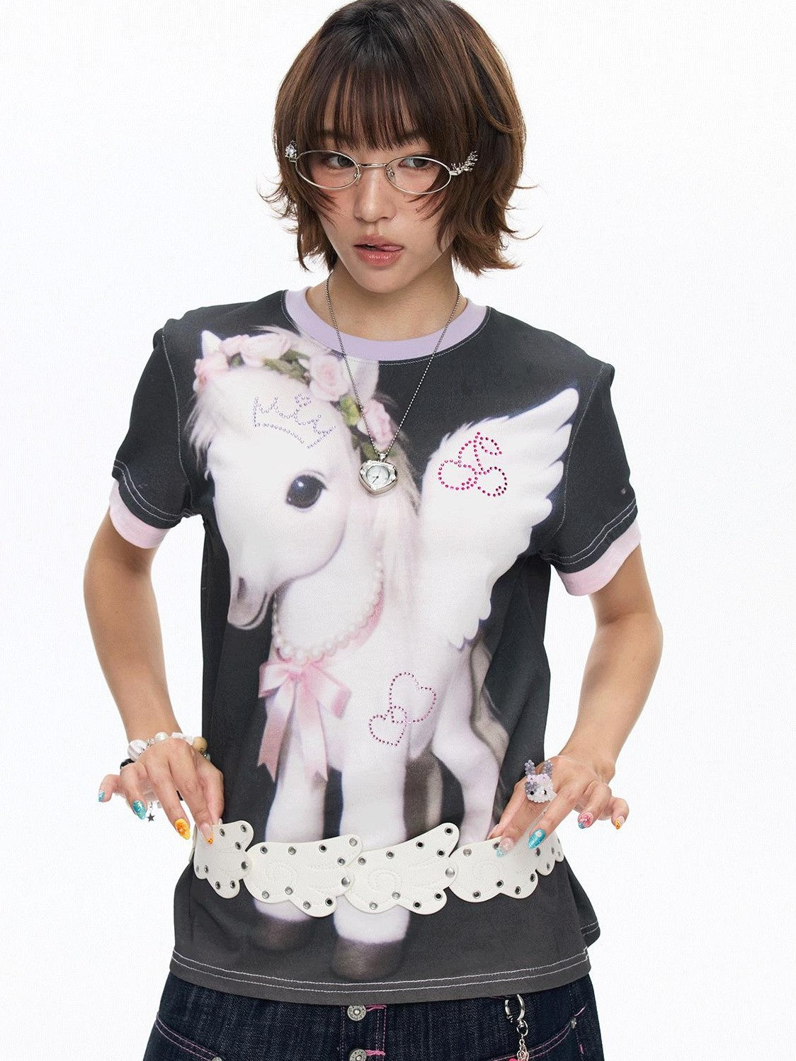 BETWEENAND Purple Pony Print Patchwork Women&