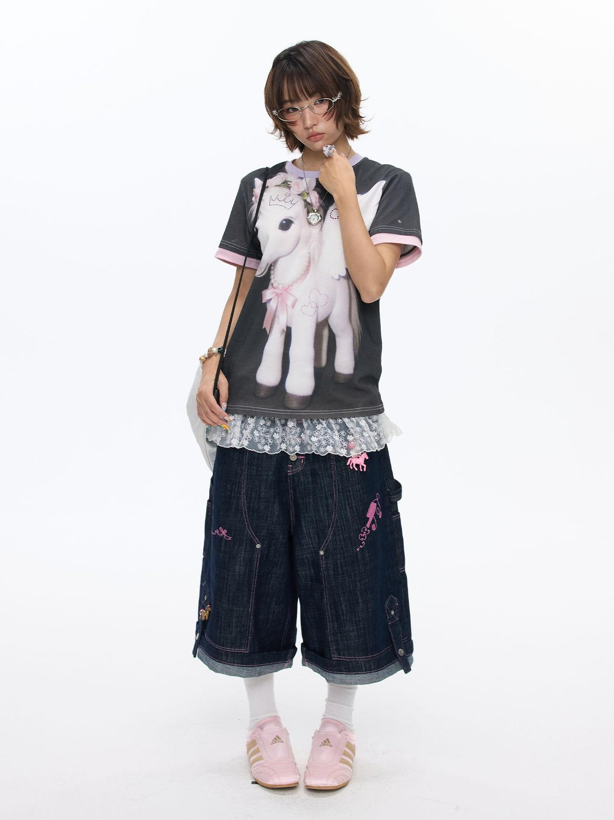 BETWEENAND Purple Pony Print Patchwork Women&