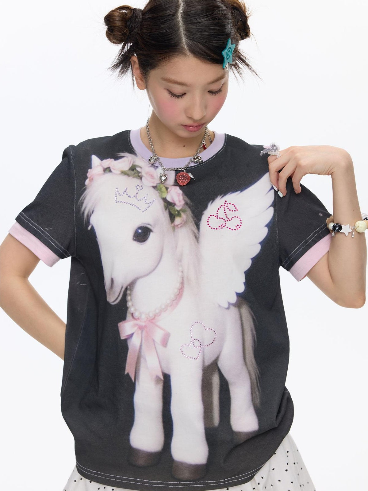 BETWEENAND Purple Pony Print Patchwork Women&