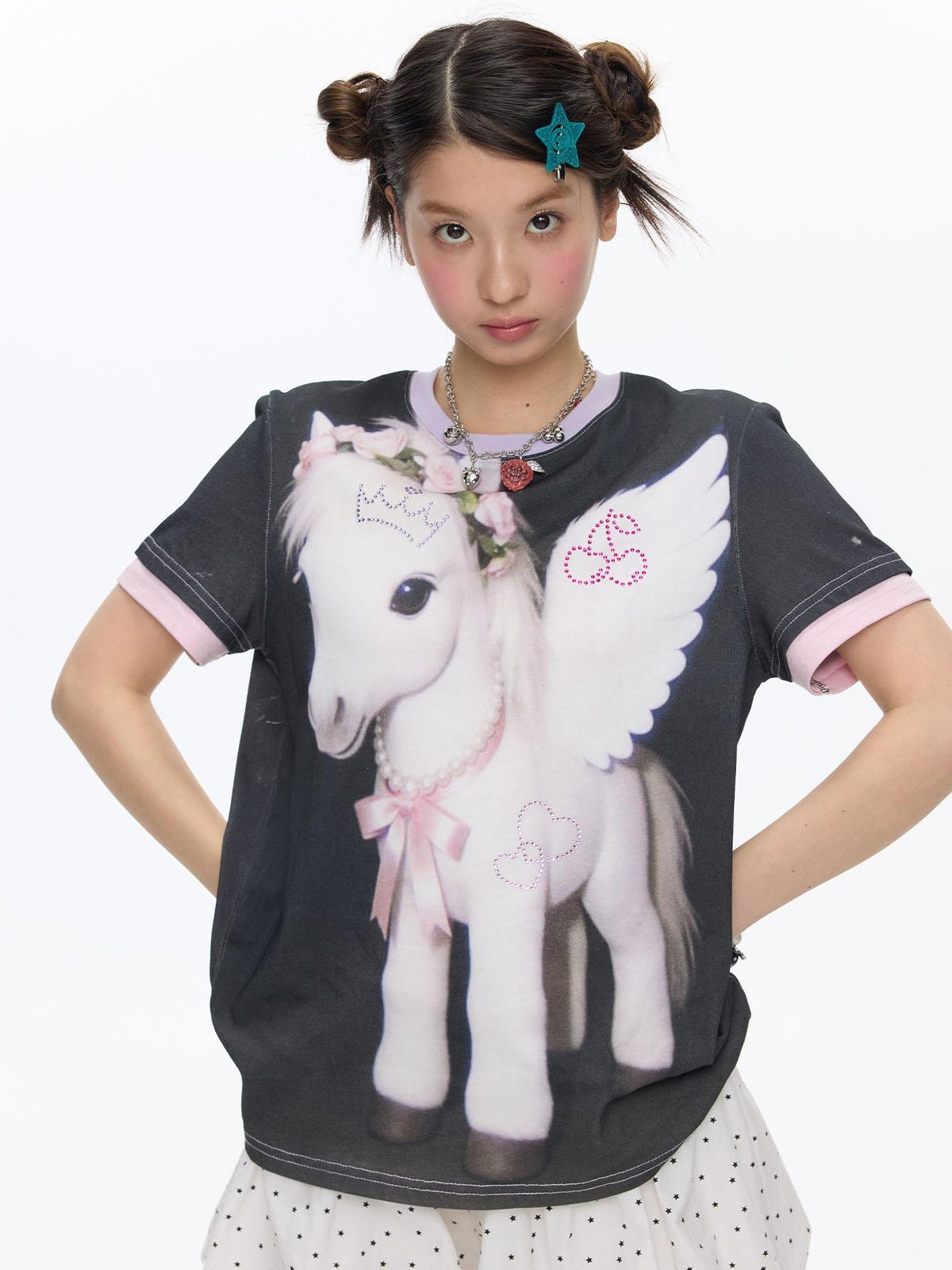 BETWEENAND Purple Pony Print Patchwork Women&
