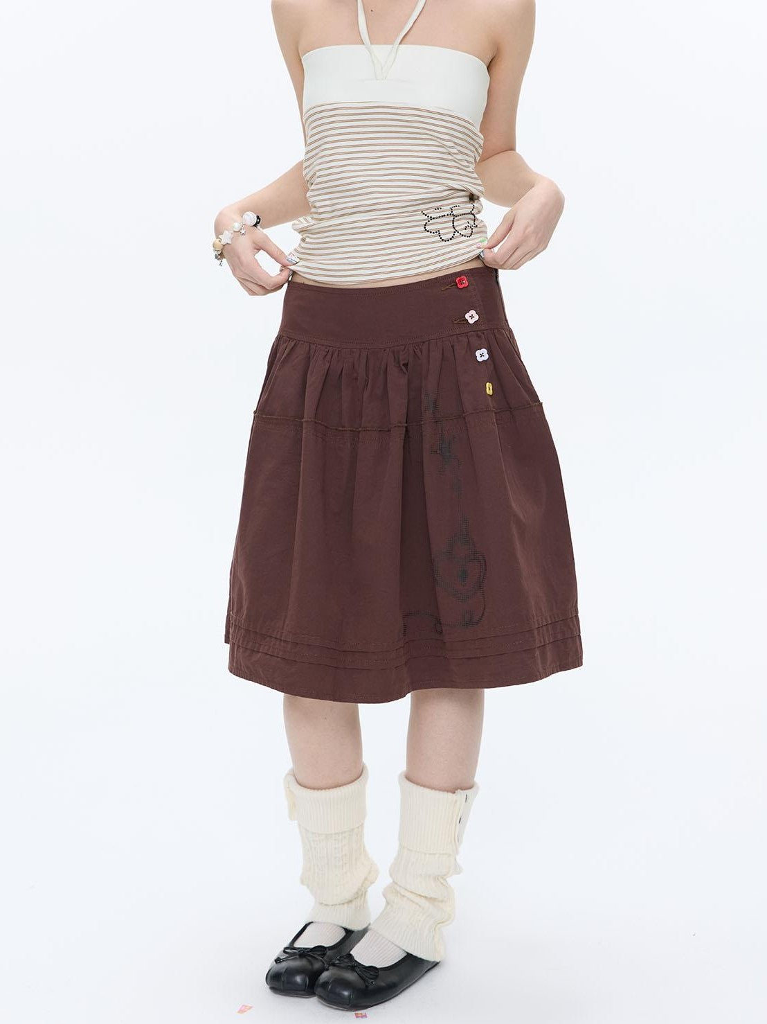 BETWEENAND Red Brown Heart Lock Vine Print High Waist Women&
