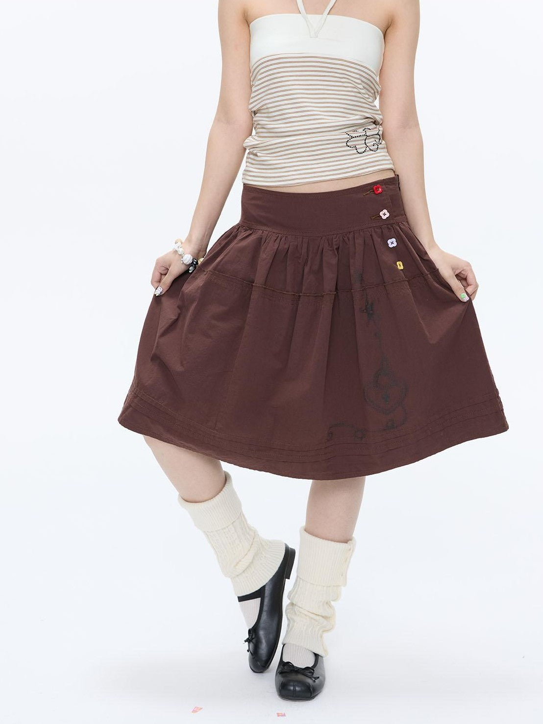 BETWEENAND Red Brown Heart Lock Vine Print High Waist Women&