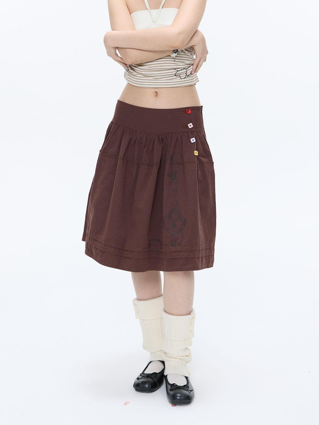 BETWEENAND Red Brown Heart Lock Vine Print High Waist Women&