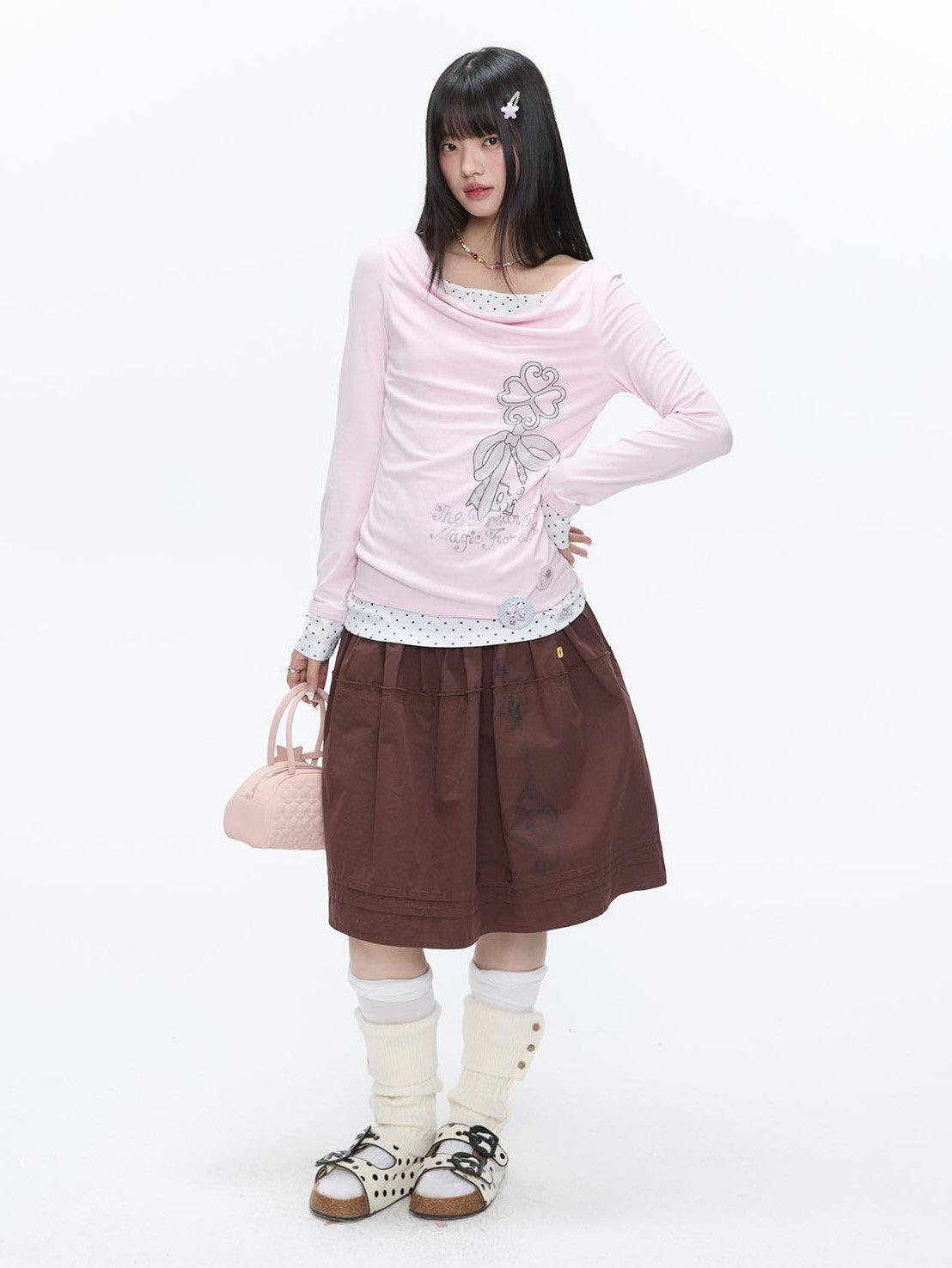 BETWEENAND Red Brown Heart Lock Vine Print High Waist Women&